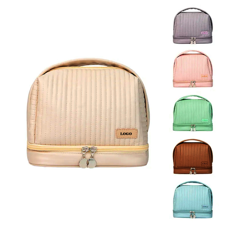 Bolsa de maquiagem cosmética de viagem de camada dupla à prova d'água PU