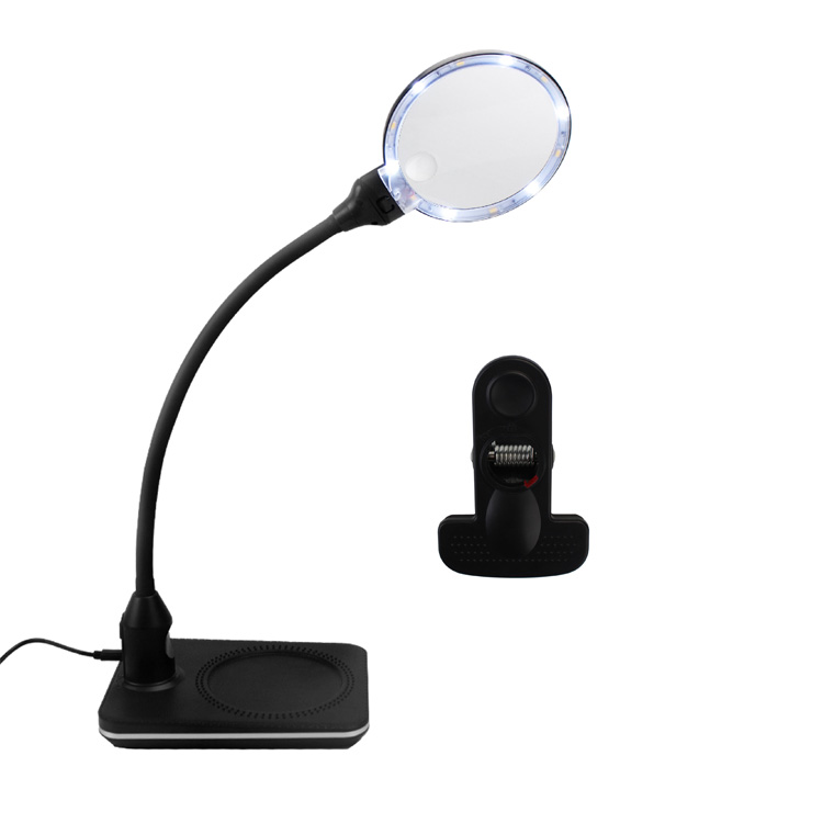 Candeeiro de mesa artesanal com lente de lupa LED de braço flexível