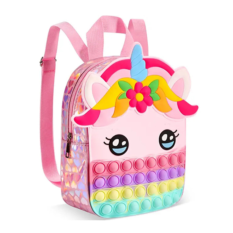 Bolsa escolar infantil de silicone Mochila pop it unicórnio